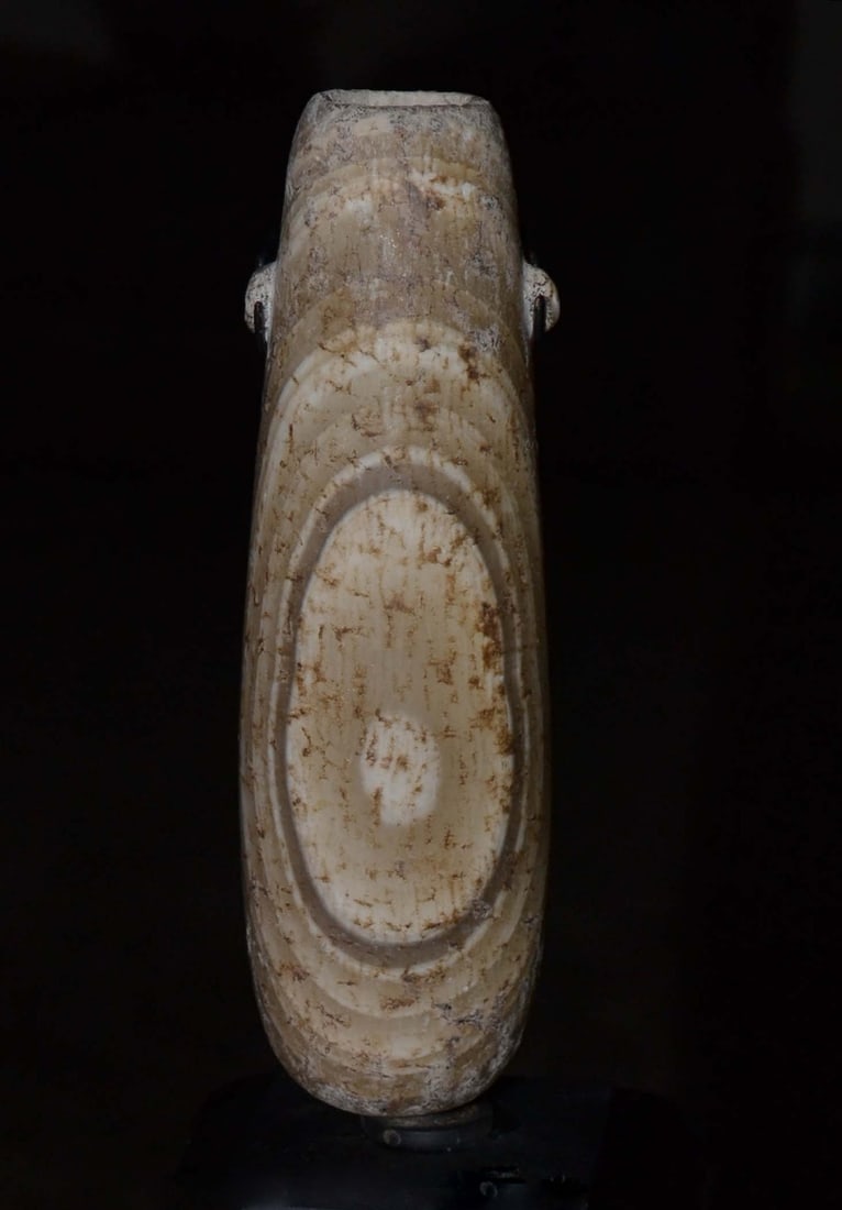 Ancient Greek Alabastron of Cylindrical: A conical shaped and smooth ancient Greek alabastron of cylindrical, round-bottomed form with lug handles. 5-1/2" H. Mounted. 5th Century BC. From an old Massachusetts collection. Mounted. Ex. Royal A