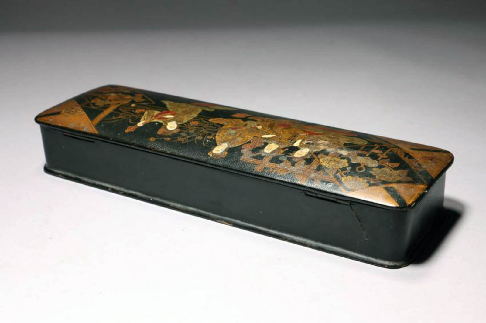 Japanese Lacquer Box: Black lacquer box, Meiji period, with painting on lid. 11-3/4" L