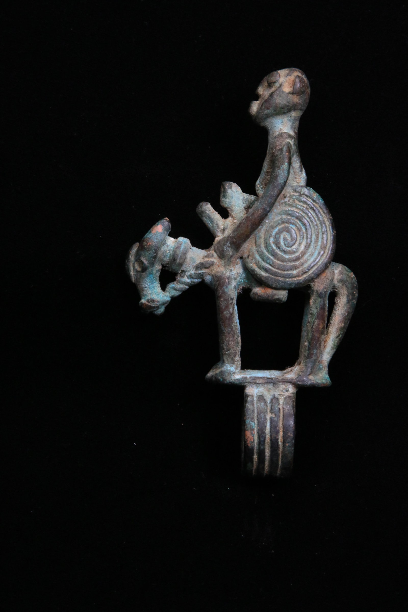 African Art Bronze Dogon Ring: A bronze horse rider ring, Dogon, Mali, West African , 4-1/4" H. Provenance: Ex. Collection Sam Hilu, NYC