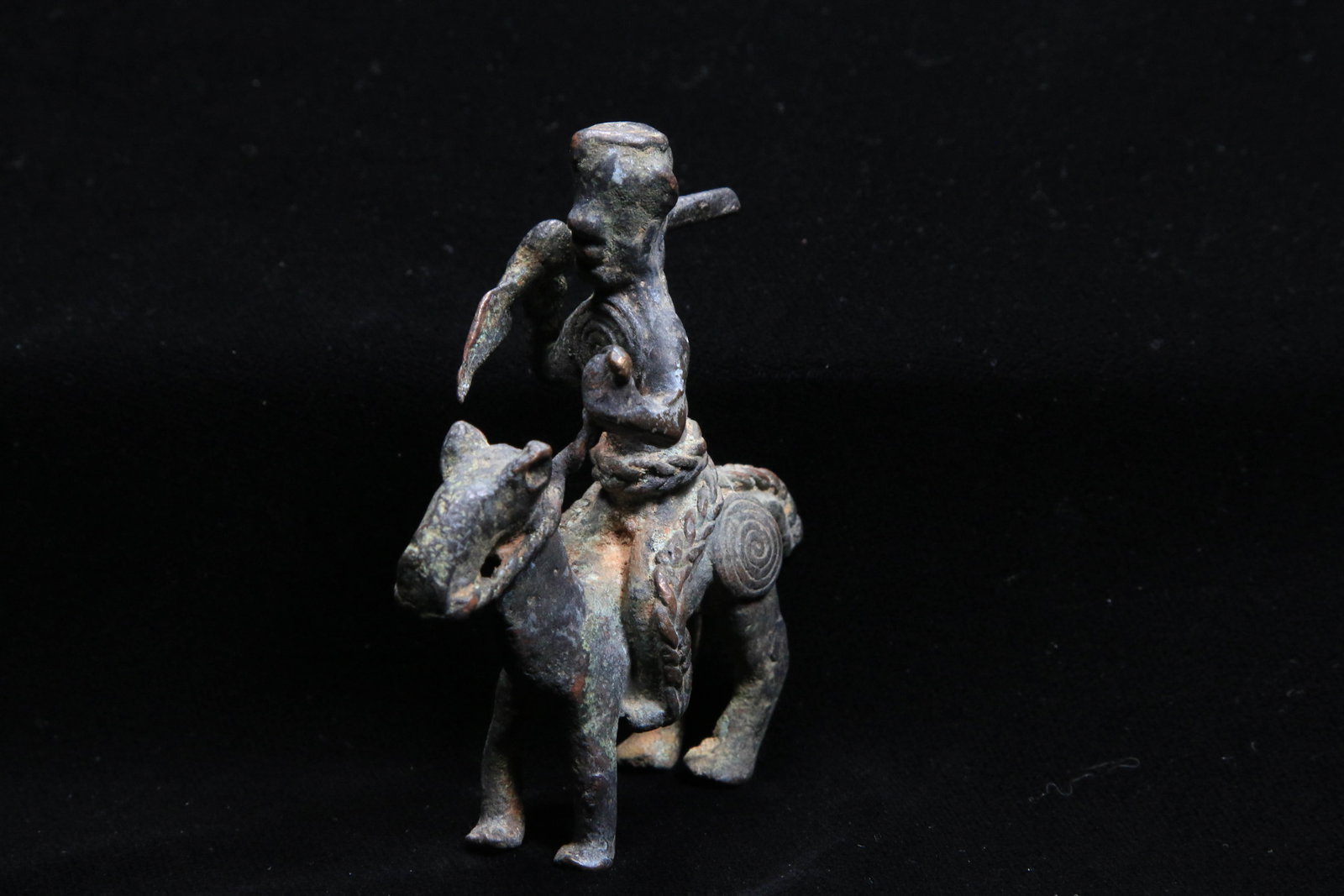 African Art Sao Tchad Bronze: A small bronze horse rider holding a spear. 3" H. Provenance: Ex collection Sam Hilu, NYC.