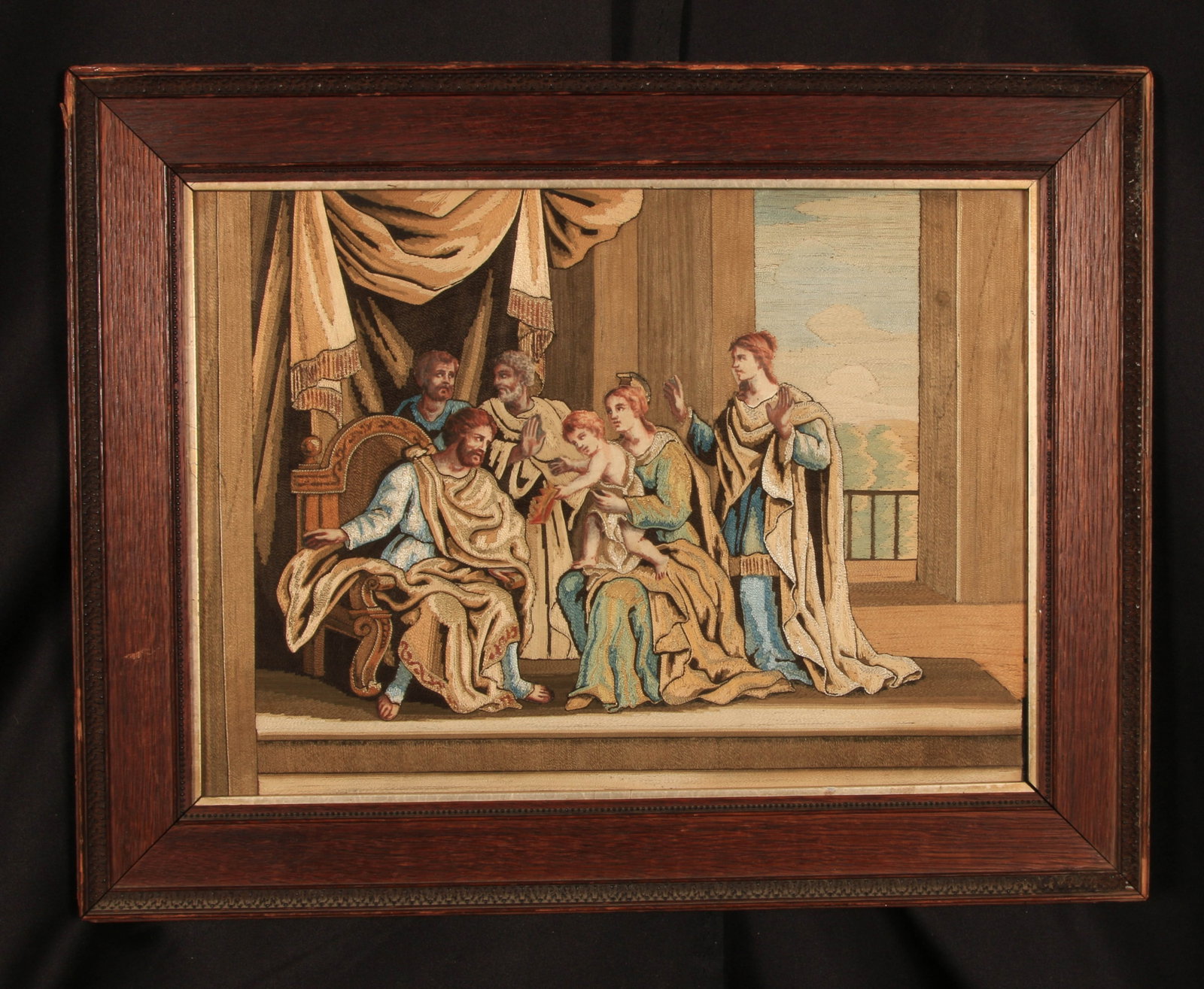 19th-Century Silk-embroidered Needlework Picture: A finely silk embroidered tapestry of the child Moses taking the Pharaoh's crown. 19" x 15".