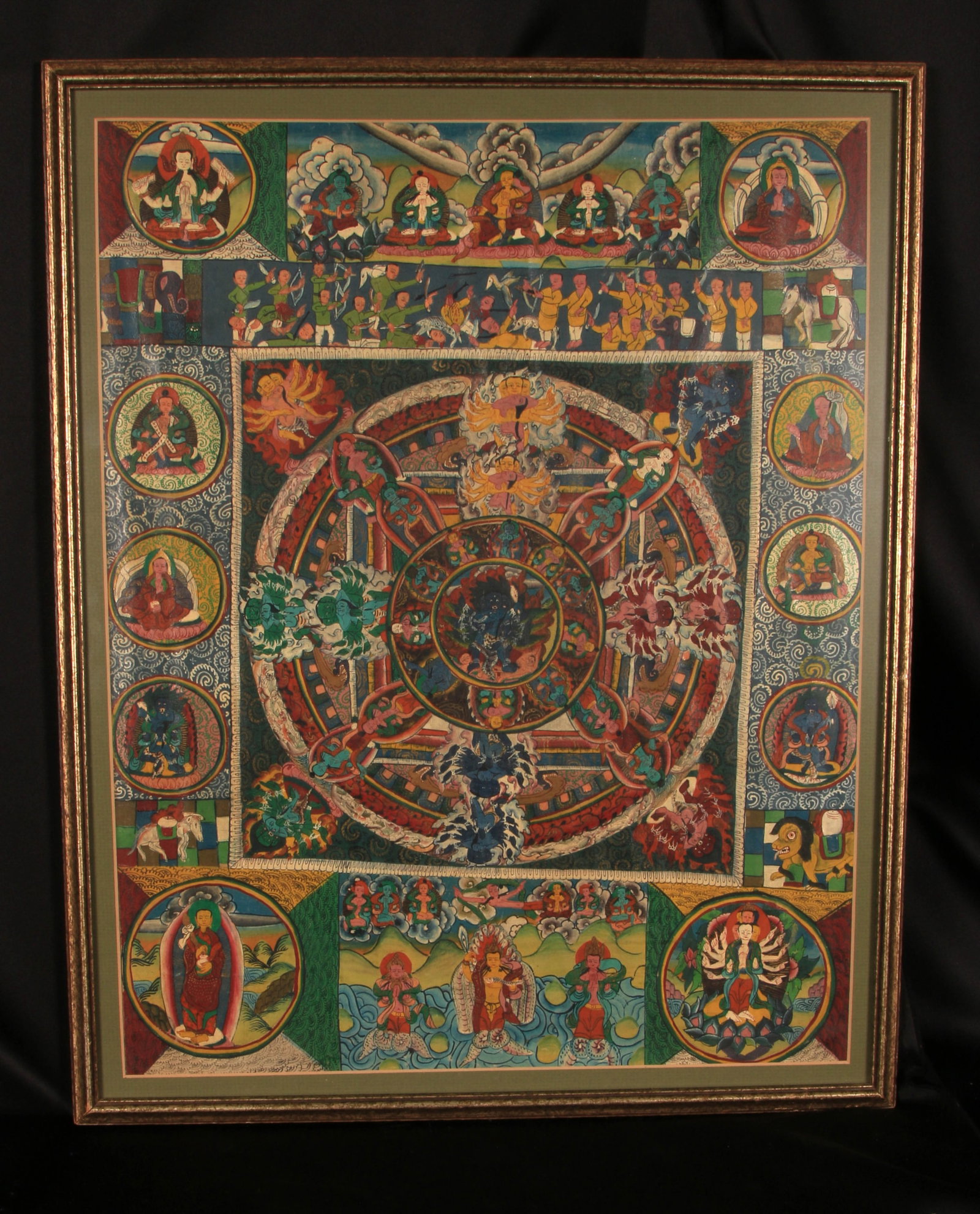 Tibetan Thangka "Wheel of Life": It depicts the Bhavachakra, commonly known as the "Wheel of Life" or "Wheel of Samsara". The central wheel symbolizes the cyclical nature of existence (life, death, and rebirth) and the psychological 