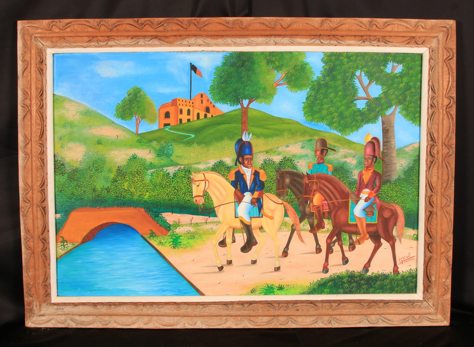 Oil Painting by Haitian Artist Antonie Obin: "Jean-Jacques Dessalines and François Capois" by the artist Antoine Obin (1929-1992). The artwork is an oil on board painting depicting historical Haitian military figures. The scene represents Jean-