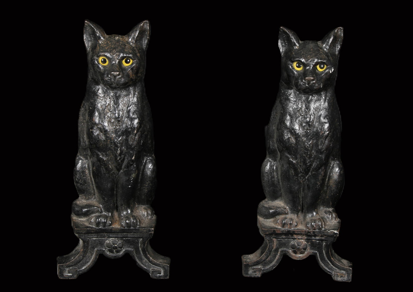Pair Of Cast Iron Cat Andirons.: Pair Of Cast Iron Cat andirons with green glass eyes. 17" H x 15" D.