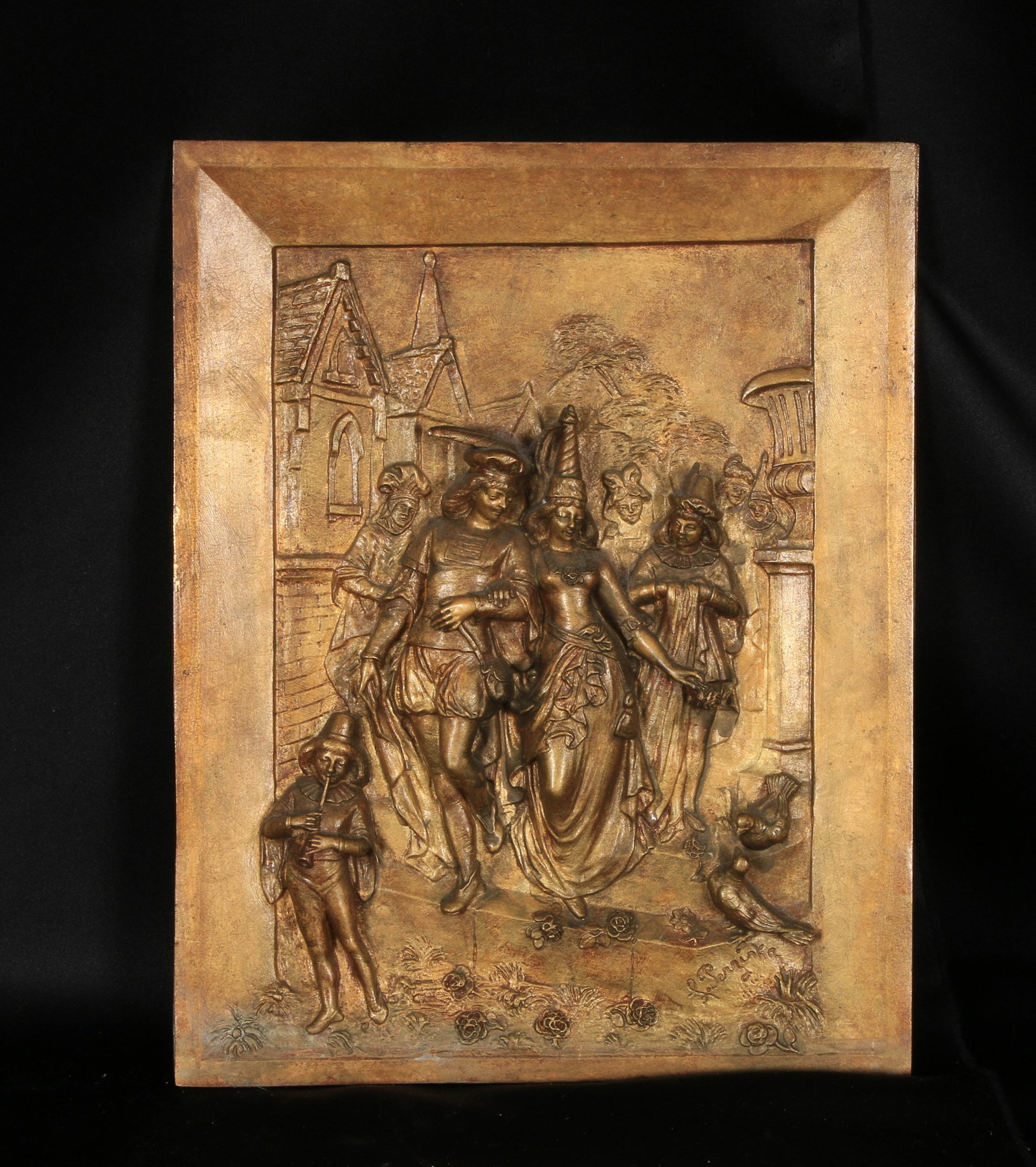 Bronze Relief Plaque Leon Perzinka, 19th C.: Bronze Relief Plaque of Marriage Scene, signed. 12" H x 9" W. Leon Perzinka is known for creating detailed figurative relief plaques, often depicting celebratory or theatrical scenes such as weddings,