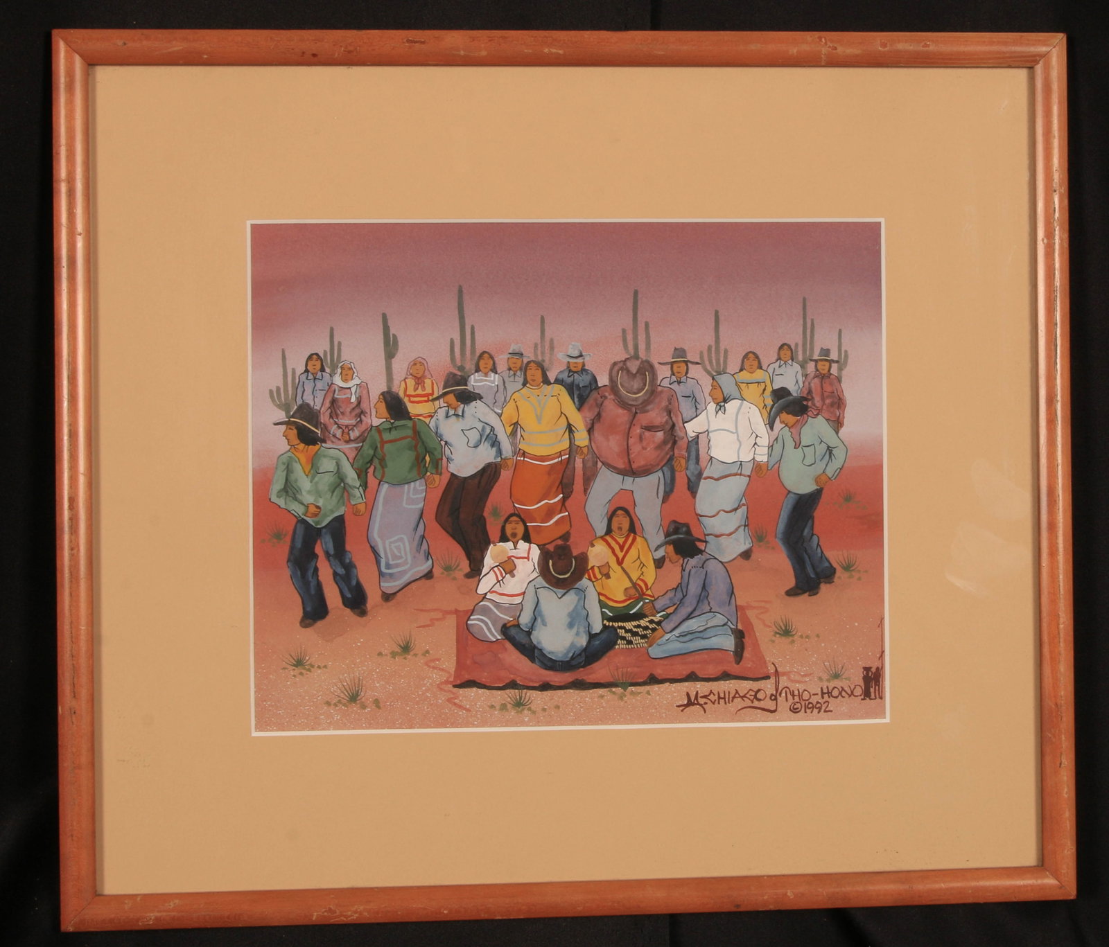 Tribal Ceremonial Gathering Painting - Michael Chiago: A gouache painting of a ceremonial gathering of the Tohono O'odham people. Signed lower right.