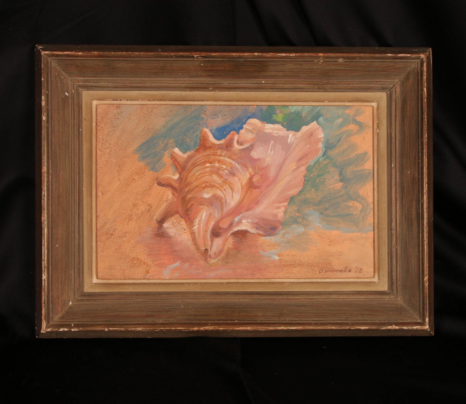 Conch Shell Painting - Gertrude Abercrombie: A conch shell painting signed Abercrombie "52 in wood frame 15" H (w/frame). American Surrealist artist Gertrude Abercrombie (1909–1977) Seashells, particularly conch and snail shells, were a recurr