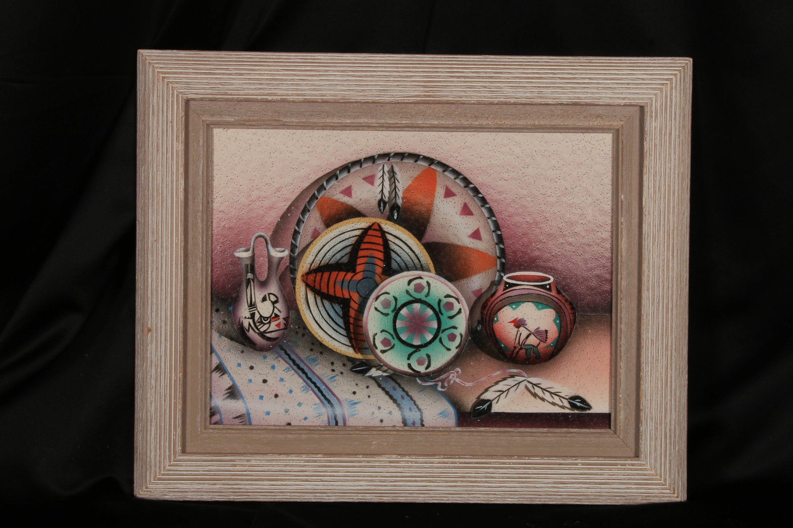 Southwest Pottery Painting: Mixed media Southwest pottery painting from the American. School. It features a still-life composition of traditional Native American-inspired elements, including decorated pottery vases, a large bask