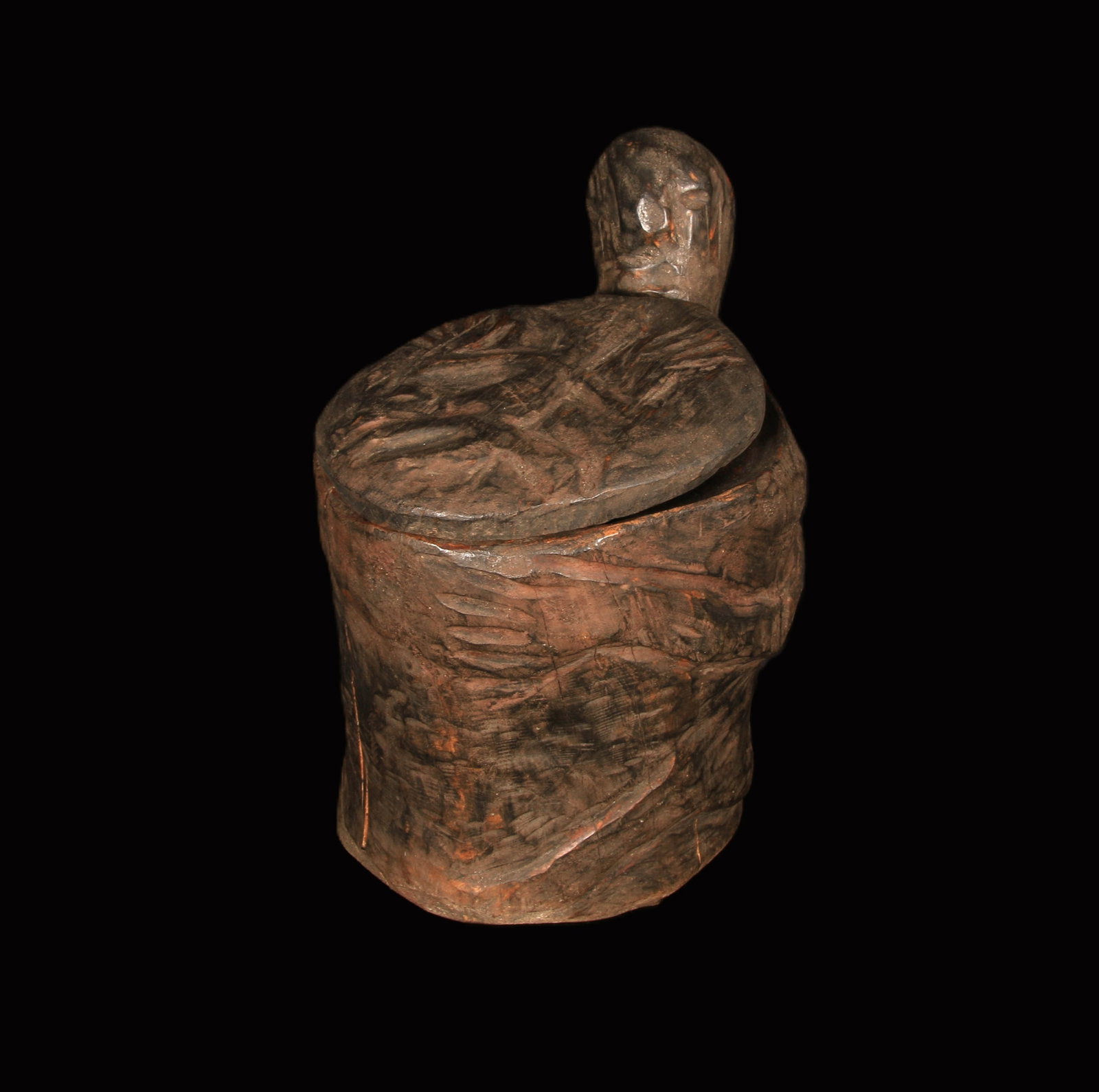 Philippine Meat Container - Ifugao People: A wood salted meat container with lid. 12" H x 10" L. hand-carved from narra wood, a dense hardwood known for its durability. The container frequently featured relief carvings around the body and lid.