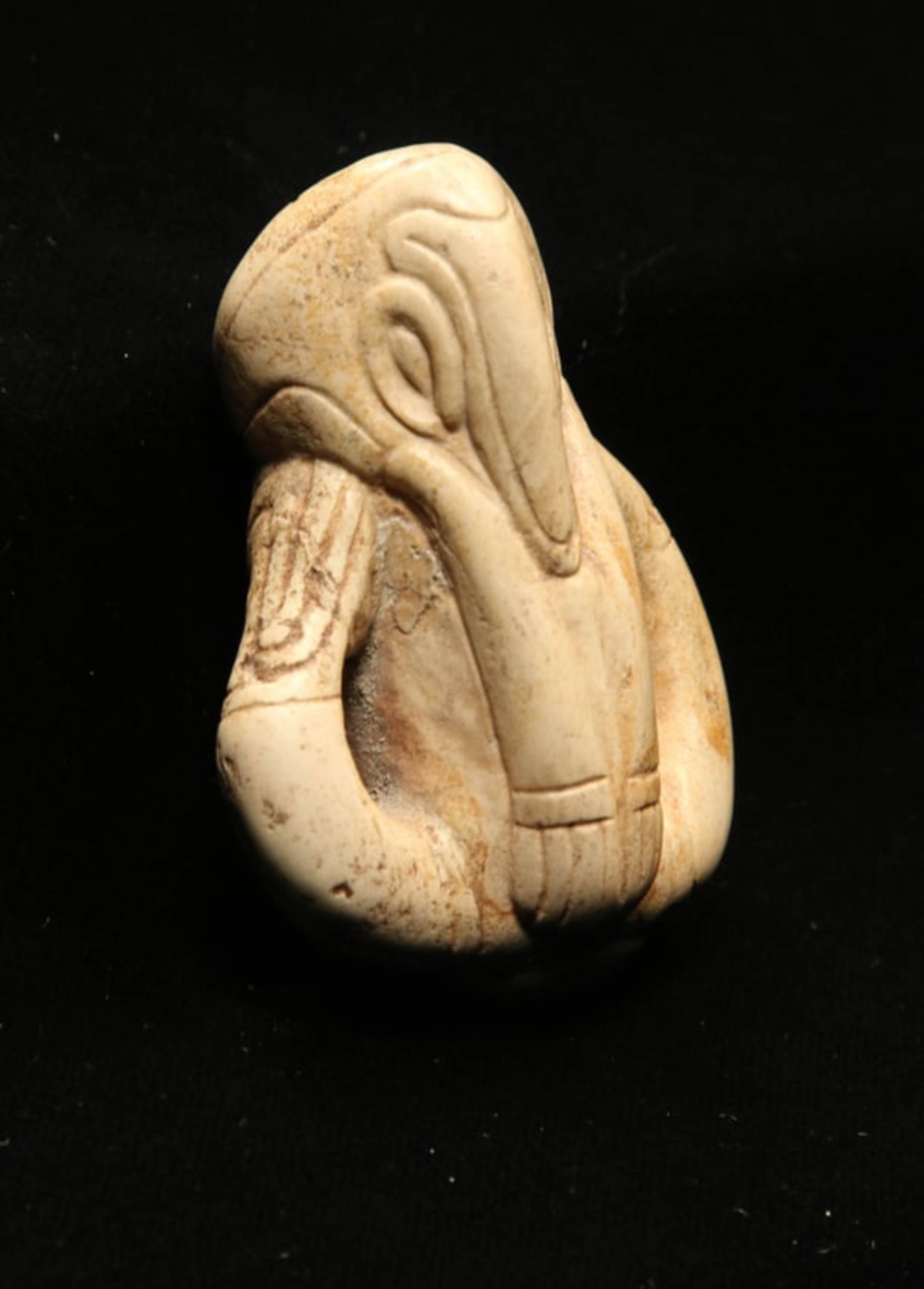 Pre-Columbian Stone Amulet: A Taino stone amulet of a bird with intricate etching on reverse. 3" L. Provenance: Ex collection Tony Milton, NM.