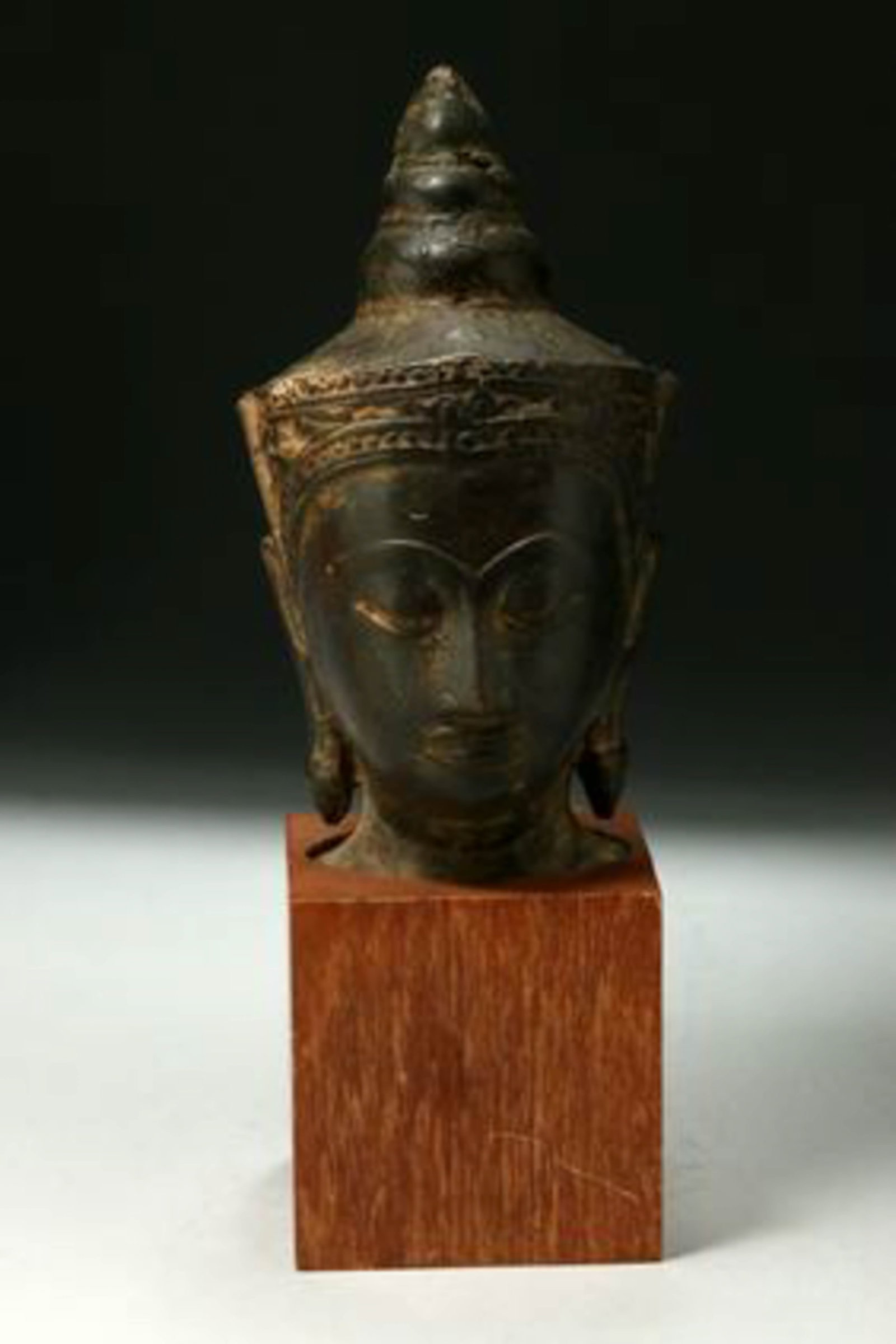 Bronze Buddha Head: An 19th century bronze Buddha head mounted. 5-1/2" H