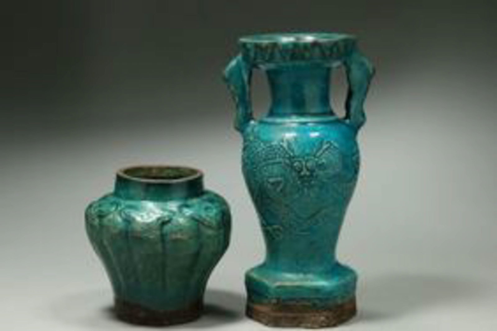 Thai Turquoise Pottery - Ayutthaya Kingdom: Thailand, Ayutthaya Kingdom pottery, one short vessel, with wide shoulder, tapered base and other two handled vase on pentagon base. 4-1/2" & 8 " H.