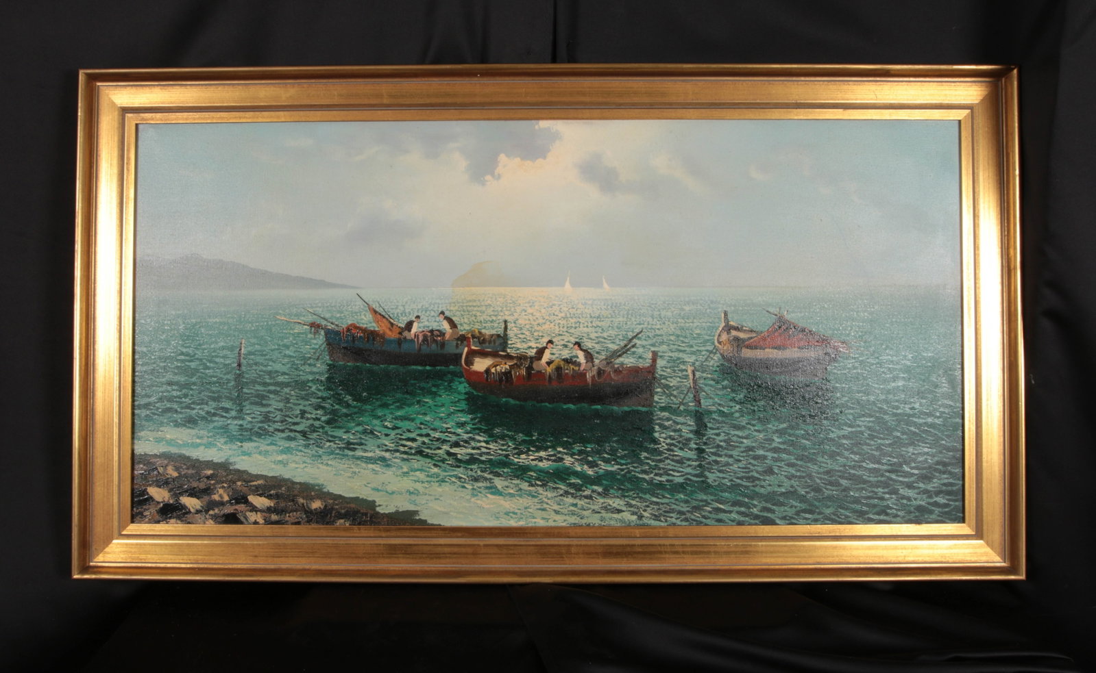 Oil Painting Seascape - Attributed to Mariano Moreno: An oil on canvas of panoramic views featuring Italian coastal settings (such as Lake Como or the Bay of Naples). Signed on the back. 32" x 28" (w/frame).
