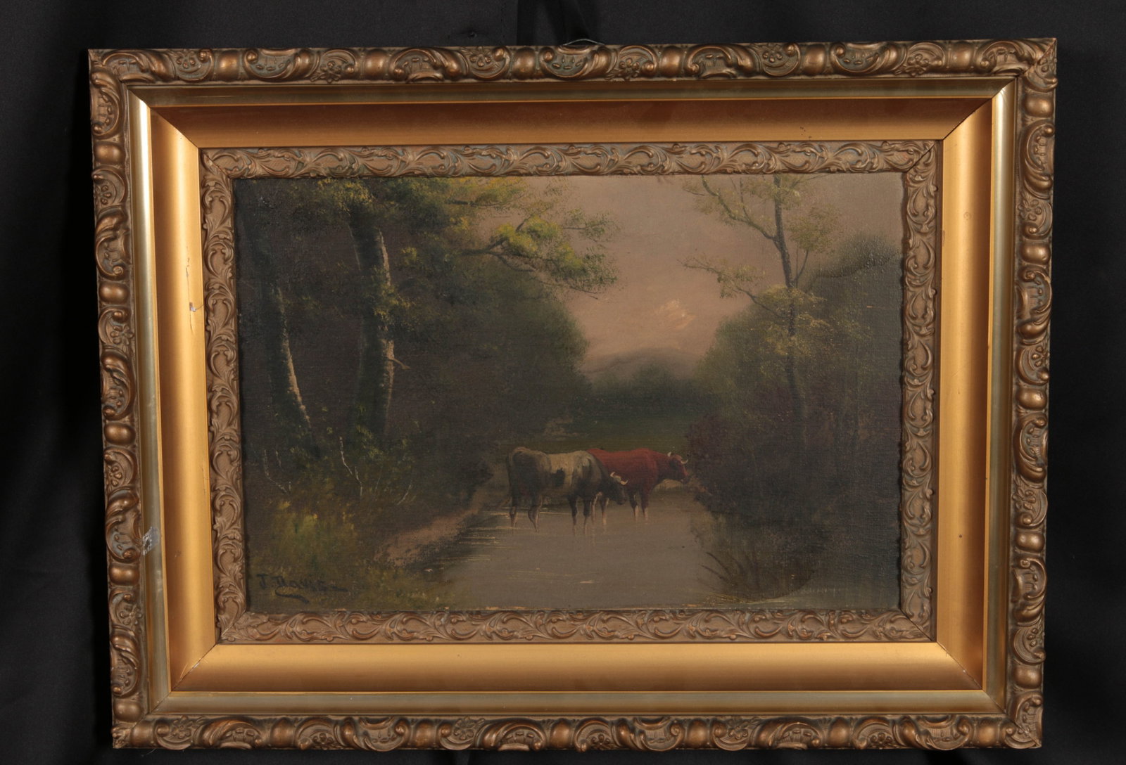 19th Century Painting Oil on Canvas - Attributed to J. Davis: River landscape oil on Canvas of cows standing in a river, Signed J. Davis lower left. 24" x 19" )(w/frame). John Parker Davis (American, 1832?1910), he was well-known for his Tonalist and Hudson Rive