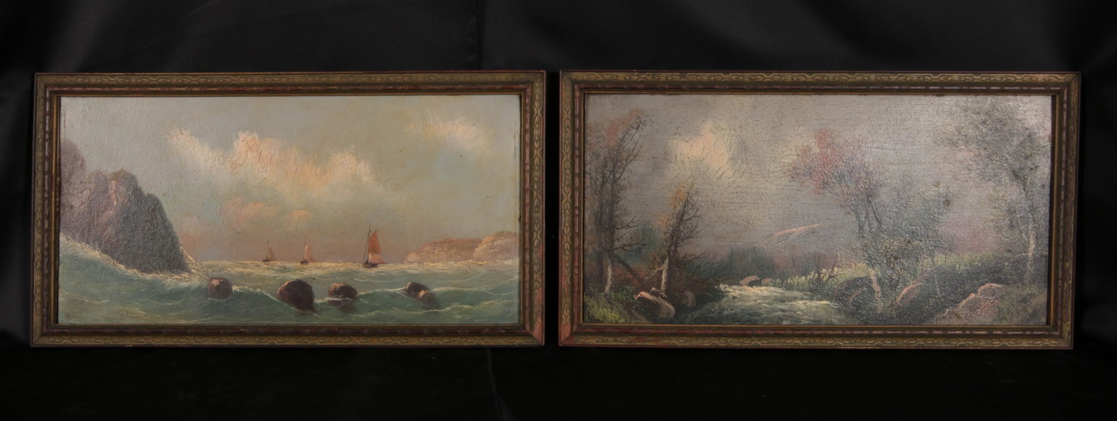 Two 19th Century Oil Paintings - Seascape and Landscape: to be a pair of antique 19th-century oil paintings depicting maritime and coastal scenes. One painting shows sailboats on rough water near a rocky coast, while the other features a tranquil wooded lan