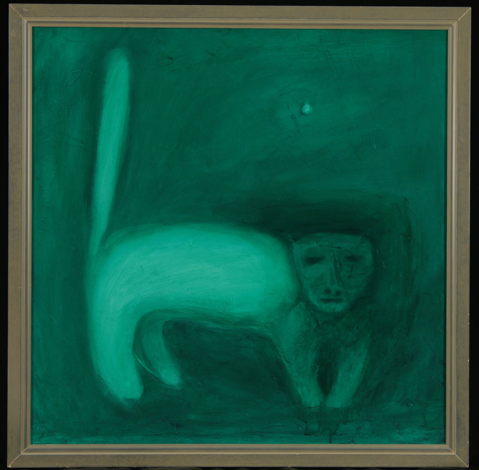 Abstract Figurative Oil Painting - Attributed to Oleg Tselkov (1934-2021): An oil on canvas abstract painting of a large green figure with large tail. Signed lower right. 29" x 29" (w/frame).