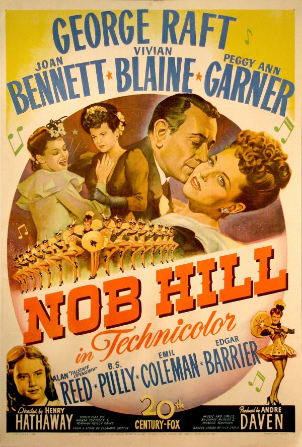 Nob Hill: Directed by Henry Hathaway Quantity1Size27x41Year1945Re-release?NoBackingLinenCountryAmericanStarsGeorge Raft, Peggy An