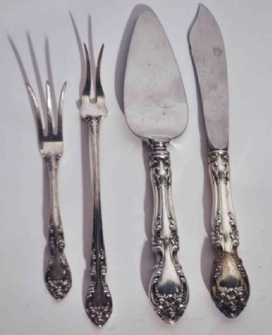 Gorham Melrose Sterling Silver Serving Pieces: Four great Gorham Melrose Sterling Silver pieces to add to your treasured collection. Pie/cake serving knife, flat butter server, lemon serving fork & olive fork. Measuring 4-1/4" to 6-1/2" All in gre