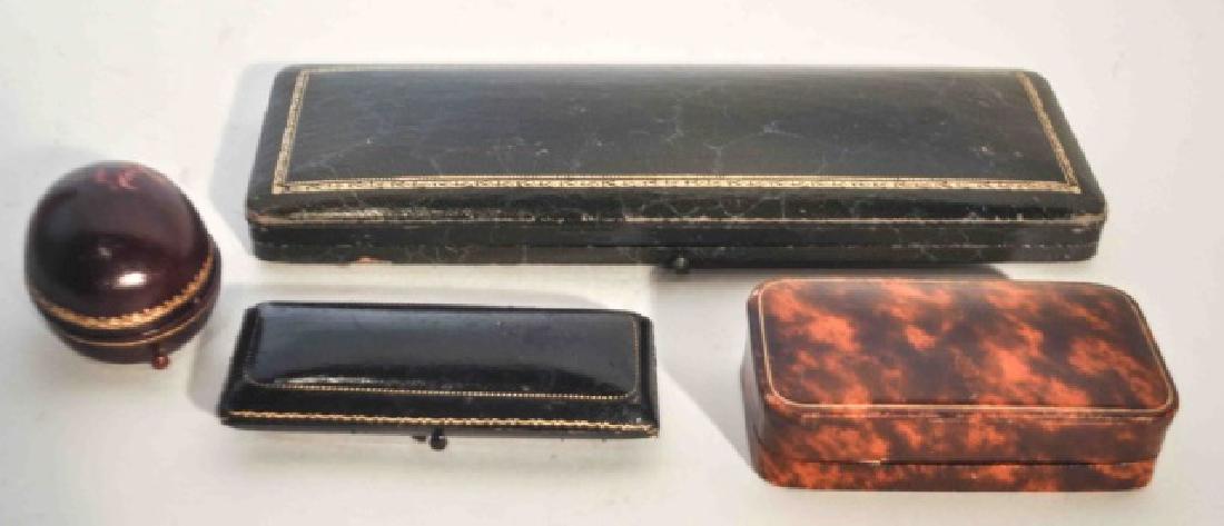 Lot of 4 Leather Antique Jewelry Box Cases: Antique lot of 4 leather jewelry box cases.. One leather necklace jewelry box with push button to open and golden yellow felt, measuring 8 1/2 inches long. One leather ring box with push button to ope