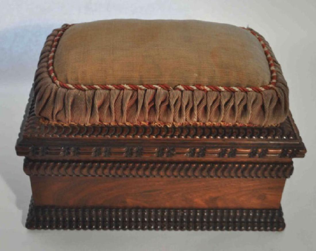 Vintage Cushioned Top Wooden Sewing / Jewelry Box: Beautiful vintage cushioned jewelry / sewing box with inside mirror top and lined with red velvet. Lovely Firm Cushion top upholstered in two tone corduroy and cording surround. The box is trimmed out