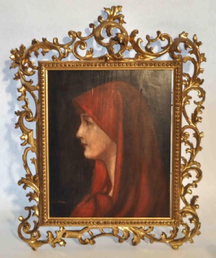 Signed Original Painting of a Woman in Red: Original Signed Oil Painting of a young woman in red. Painting done on wood, very good condition . lovely rococo gilt frame. Very tranquil piece of art. (J/JC-29)