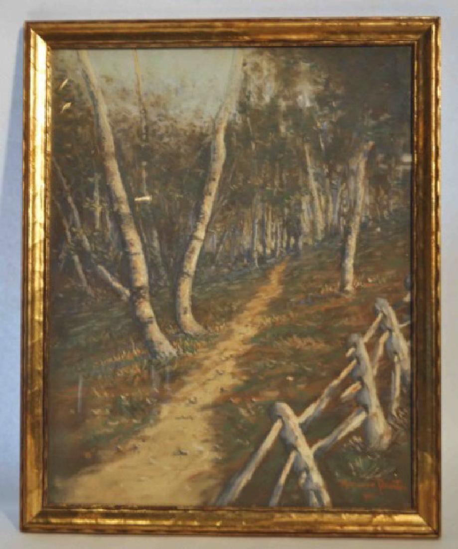 A. Vance Preston Signed Original Pastel on Board: Original Signed A. Vance Preston, (Listed American Artist), Pastel on Board featuring a peaceful birch tree lined country path. Signed and dated on the bottom right corner. Gold Frame, under glass.