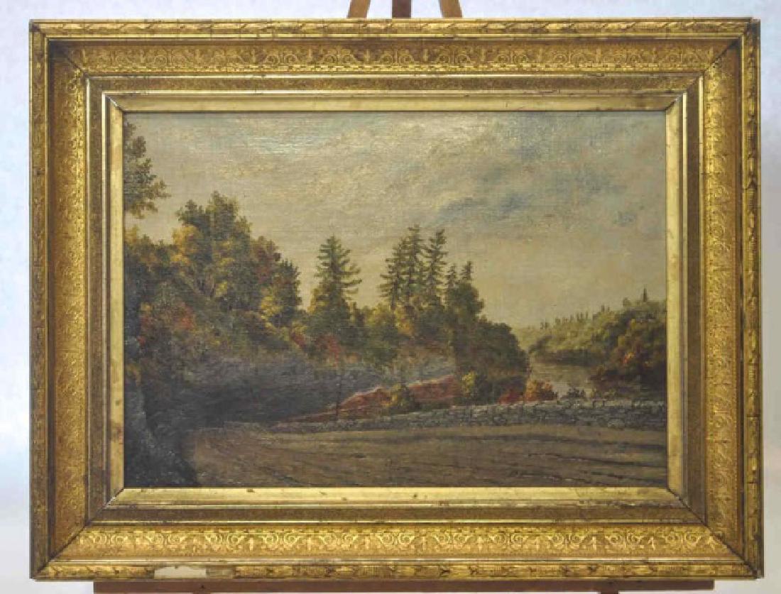Hudson River School Oil on Canvas River Gorge: Hudson River School Original Oil on canvas of a Landscape River Gorge. Artist unknown. Gold gilt framed. Site size: 12" x 17-1/2 Overall: 17-1/2" x 23" (PS-64)
