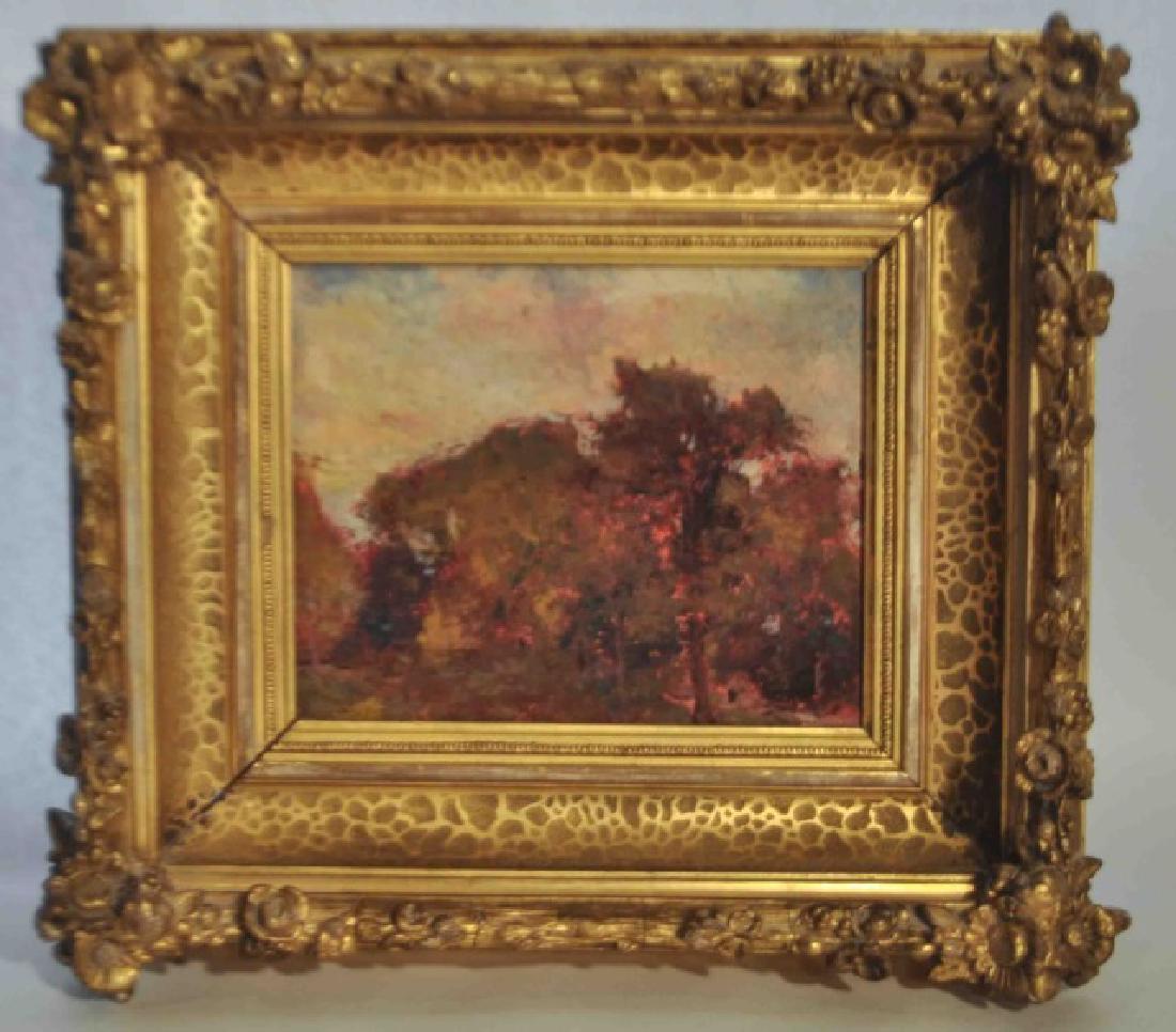 Oil Painting on Board David Rubins "Fall Foliage": Wonderful Oil Painting on Board by David-Kresz Rubins, (American b. 1902 Indianapolis IN) Wide gold gilt custom frame. Site: 8-1/4" H x 10" W