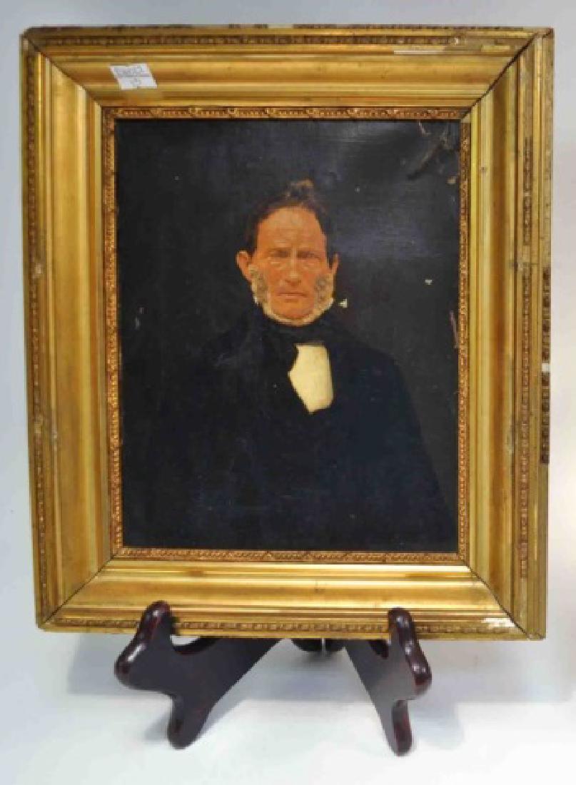 Folk Art Antique Oil Painting of Bearded Man: Late 1700-early 1800's Antique Primitive Folk Art oil painting on canvas of a bearded man in a gold frame. In fair condition some chipping and corner crimped.. Framed: 13"x11-1/2"