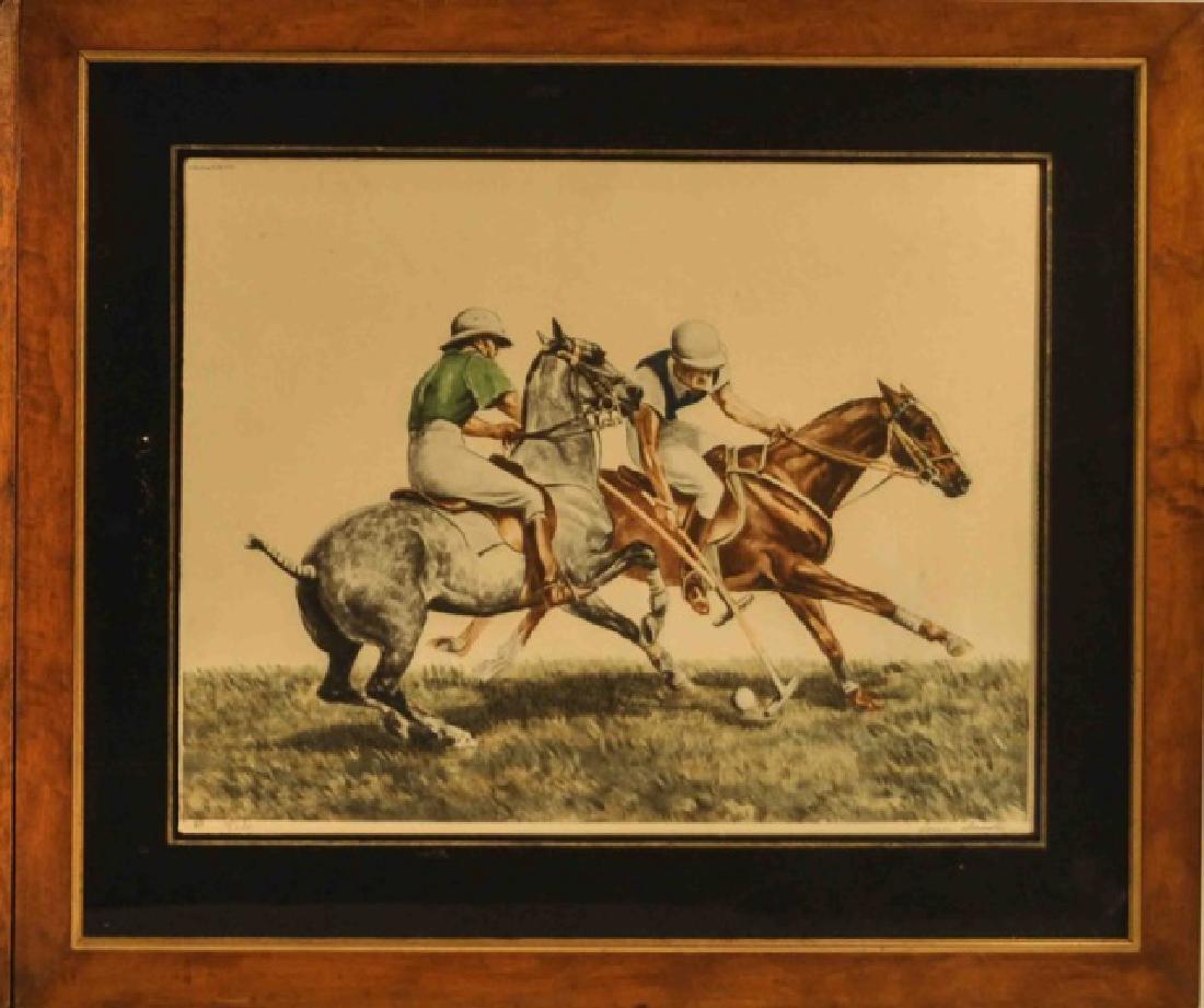 Paris Etching Society 1923 "Polo": Louis Claude (Artist and Etcher). Colorful etching of two Polo players in the midst of play, capturing the action and excitement of the event. Titled in pencil lower left "Polo", signed lower right Lo