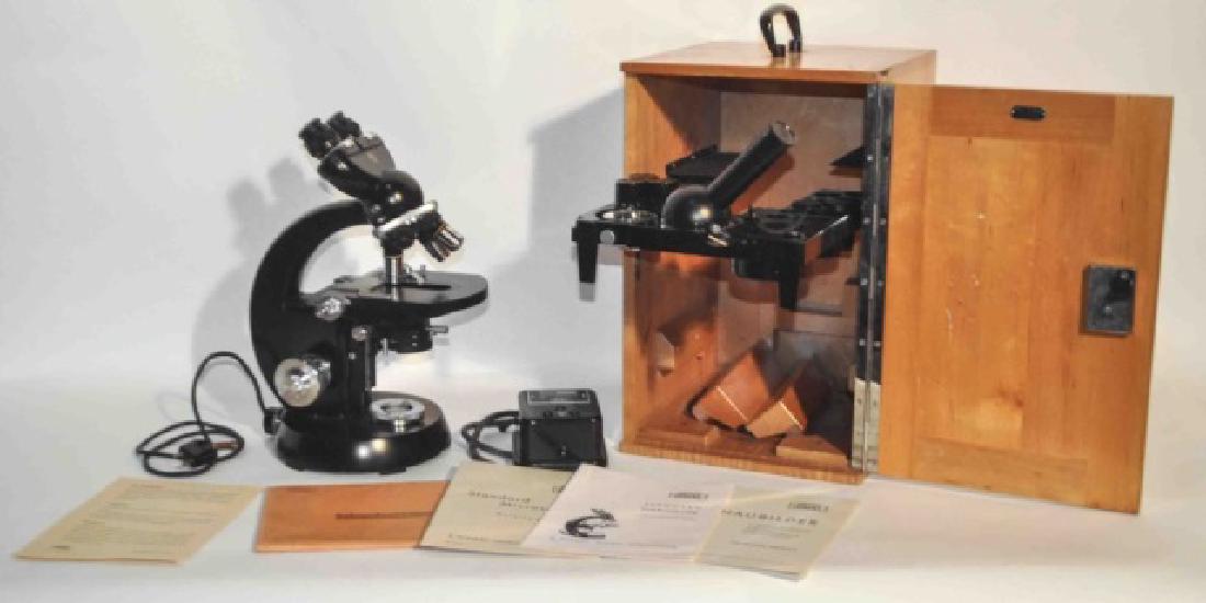 Zeiss Winkel Binocular Microscope/Fitted Box: Zeiss Winkel Standard Microscope, fully boxed, gliding rotating stage. An excellent example of this classic microscope fully boxed with rotating gliding stage. Accessory tray with several additional e