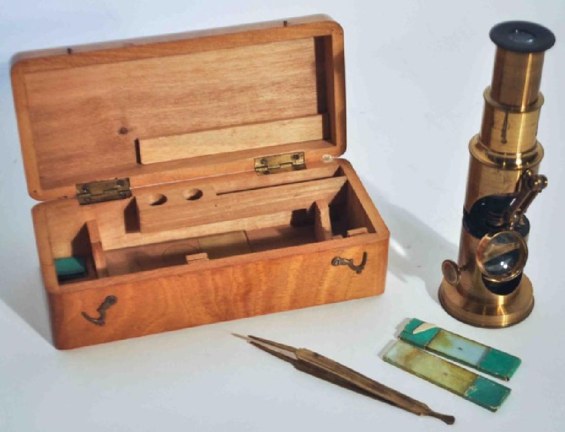 Compact Brass Victorian Era Field Microscope & Box: Beautiful antique brass field travel barrel student microscope. Manufacturer unknown but best guess late 1800's in France for the English market and sold in England. A rare and wonderful find...the mi