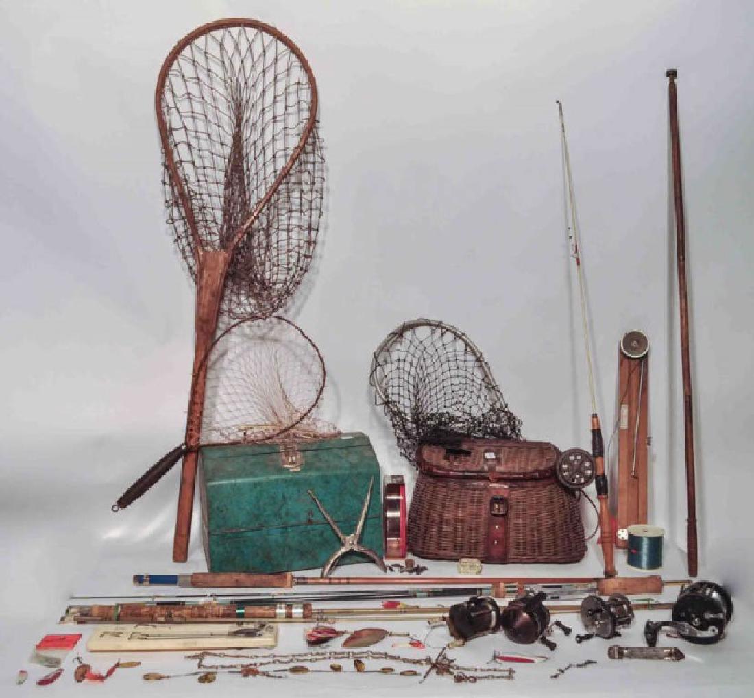 Lot of Antique Fishing Equipment w/ Antique Creel: This wonderful antique fishing lot has so much to offer. The antique creel with leather strapping is classic! Lot includes 4 vintage fishing reels, sportsman pliers, various lures, various