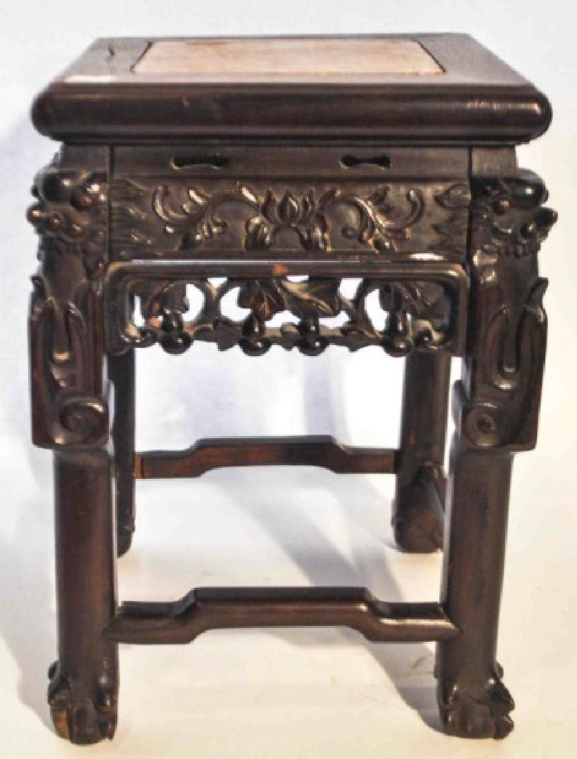 Spectacular Vintage Carved Wood Oriental Stand: Intricately carved hard wood Asian oriental plant stand with marble inset on top. There are littl rolling balls insert into the feet for easy moving of the table. 13.5" H x 9.5" square top. Excellent 