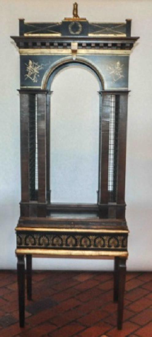 Eric Lansdown's Arch de Triomphe Bird Cage: Spectacular bird cage by Eric Lansdown. This cage in the Regency style is finished in black green with gold details. It is 3 pieces. Signed by Lansdown, 1994.In excellent condition. Birdcage is 39" he