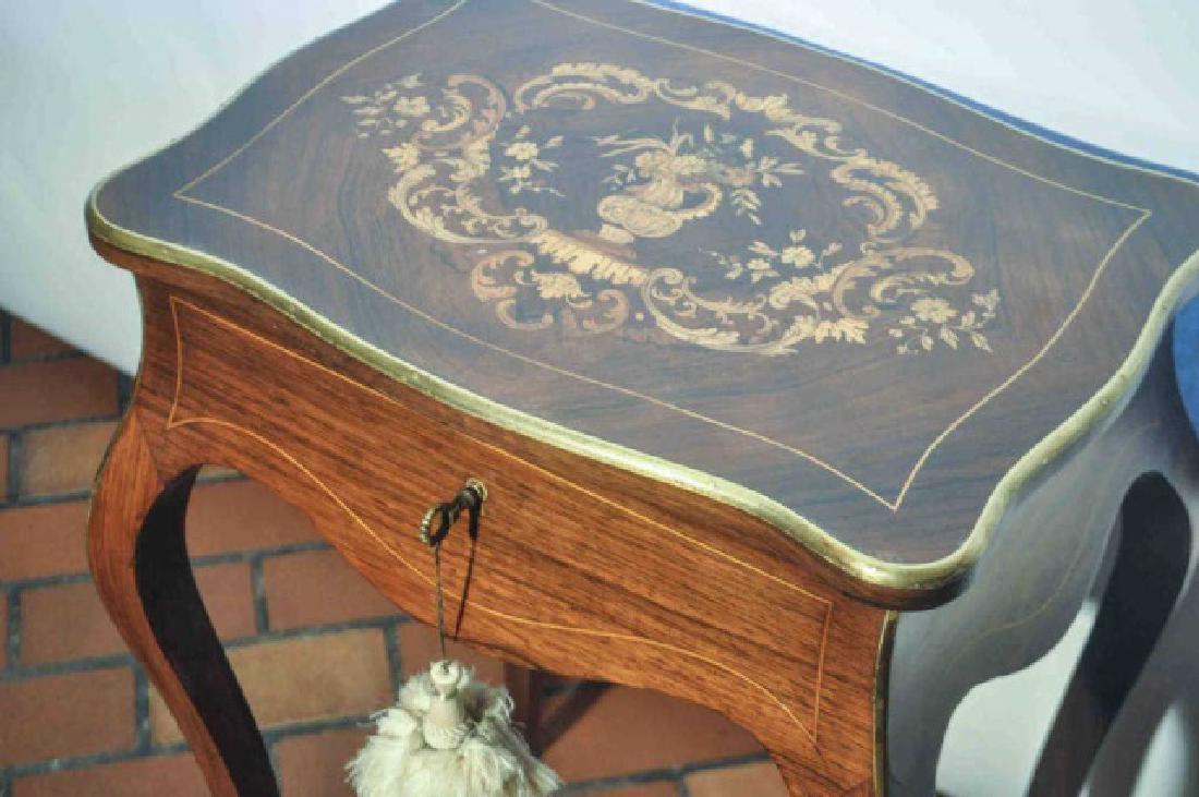 Ornate Inlaid 18th Century French Dressing Table: Marvelous ornate inlaid 18th century French style dressing table. Gold gilt trim .Once the top lid is opened there is an inside mirror and several compartments. Tassel key as well. 19"W x 28.5"H x13.5