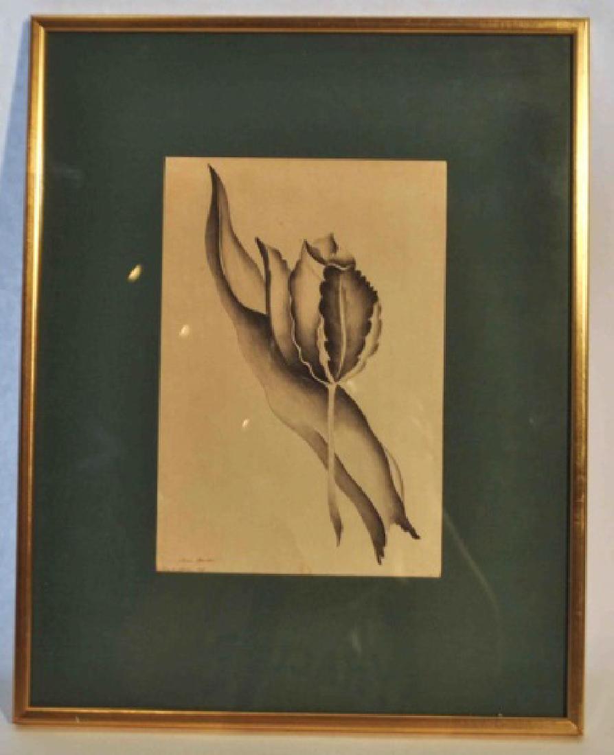 Signed Original Charcoal Drawing Flower & Leaf: Very nice original charcoal drawing Signed of a Flower and Leaf. Simple yet elegant1 15 x 12 overall. (JH-51)
