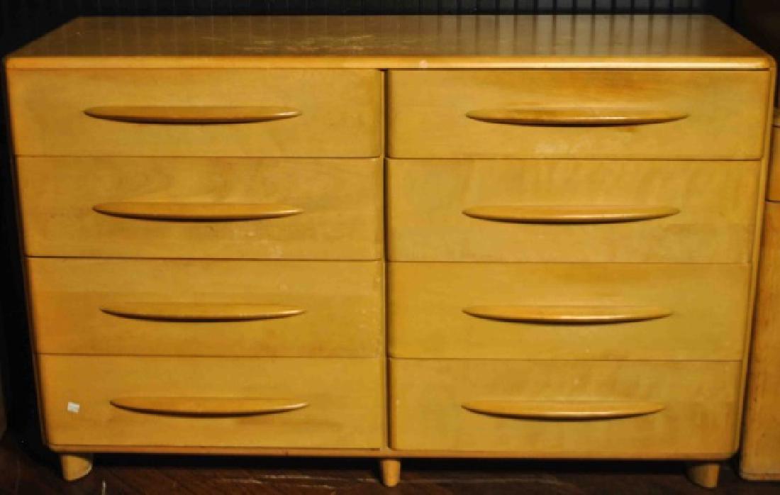 Mid Century Heywood Wakefield Double Dresser: Heywood Wakefield specializes in Mid Century Modern appeal furniture. Wood is harvested from Northern Yellow Birch trees on sustainable tree farms. Double dresser was made in the 1950s and features ei