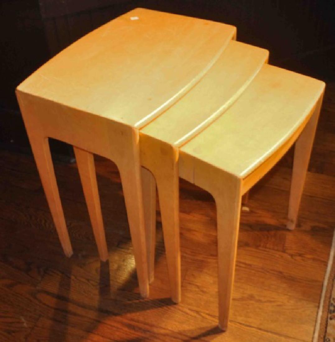 Rare Heywood Wakefield Nesting End Tables: Lovely and Rare set of three Heywood Wakefield sold maple nesting tables. Chunky thick side with the thin front edge - very stylish. This set is in good condition, shows some wear for age. Measuring :