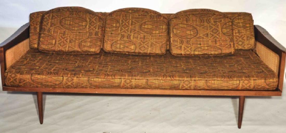 Rare Mid Century Danish Modern Sofa Daybed Hyidt?: Fabulous, great, mid century Danish modern convertible sofa / daybed with cane arm sides. Unusual design, maker unknown...but possibly early Peter Hvidt / Orla Molgaard-Nielsen manufacturer France & S
