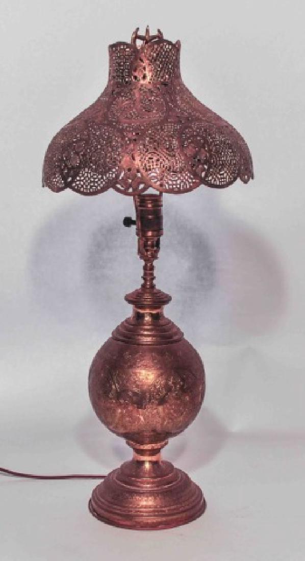Moorish Revival Brass Syrian Table Lamp: Middle Eastern Syrian Moorish Revival with Arabic calligraphy. Moorish Revival Syrian brass table lamp with brass stand and shade and surmounted by the moon and star. Handcrafted in Syria. Remains in 