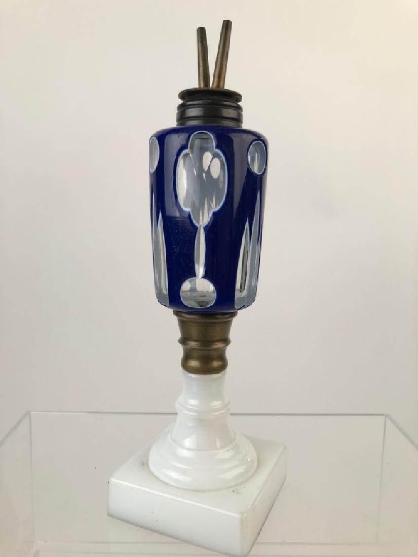 Rare Cobalt Blue Overlay Oil Lamp w/ Marble Base (1 of 11)