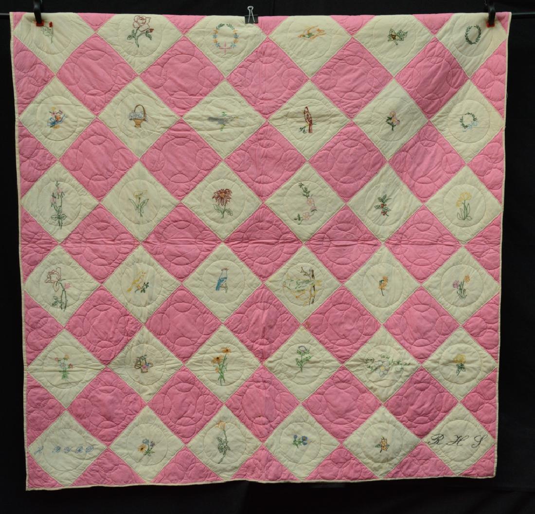 Handmade Ivory & Pink Quilt w/ Embroidered designs (1 of 7)