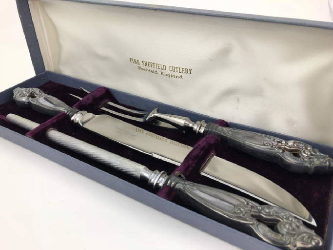 3 Pc.antique Sheffield Carving Set In Original Box