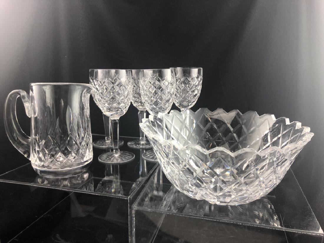 5 Waterford Crystal Glasses & Pitcher & Bowl: Lot of Waterford Entertaining Crystal including a Set of 5 Comeragh Wine Glasses, a 6" Pitcher & a 9" Round Bowl. A wonderful addition to a collection or the start of collection! Perfect for wine Wedn