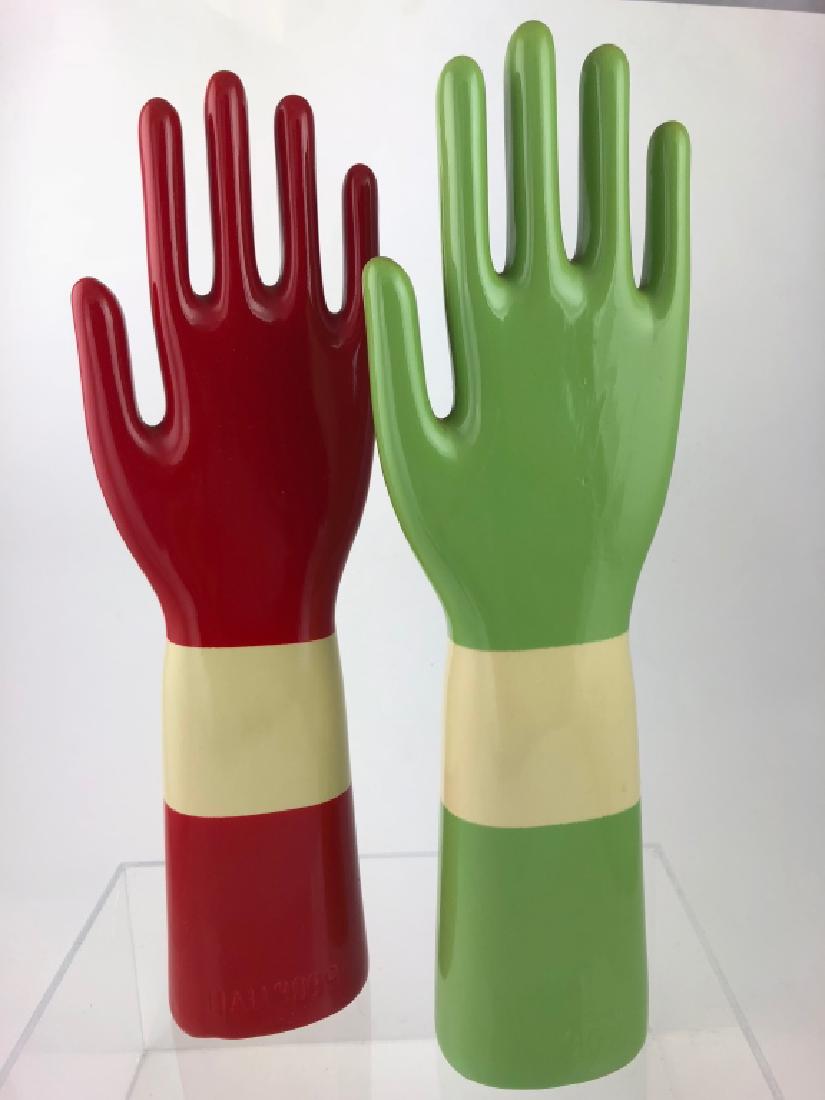 Pair Rare 1950s "Hall" Porcelain Hand /Glove Molds: Pair of Rare Vintage 1950's Eva Zeisel Harlequin Porcelain "Hall 9099" U.S.A. Hand /Glove Molds. Red/Green . Excellent Condition! Fun Decorative Accent for a kitchen or perfect for storing rings and b