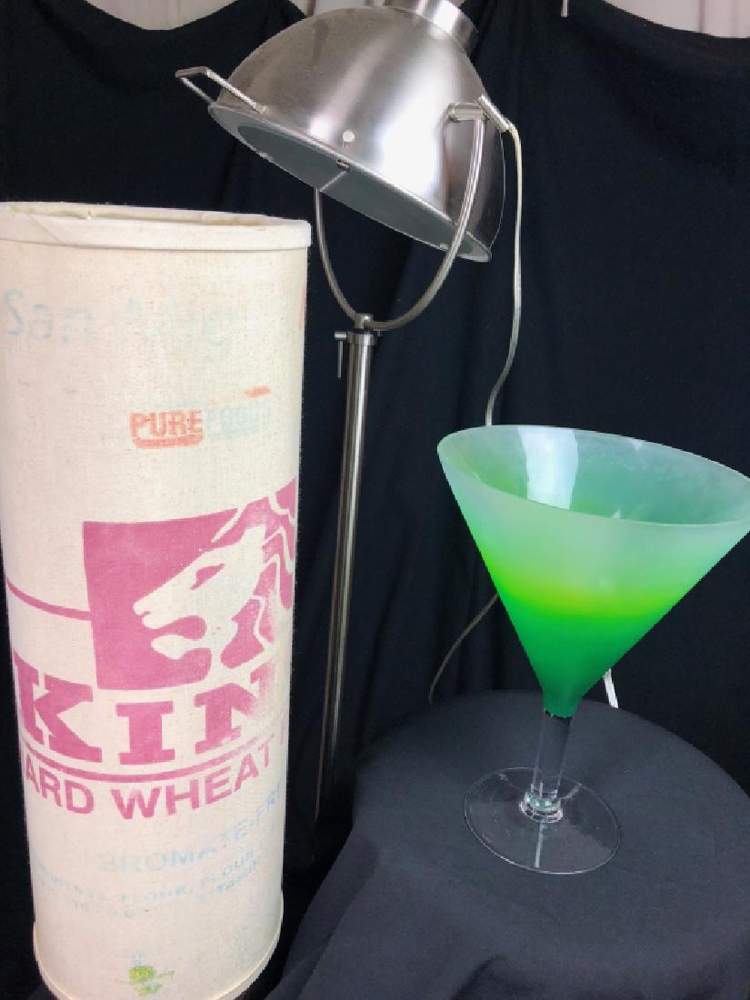 Lot of 3 Amusing Lamps: Amusing Whimsical Conversation piece Lamps! The first: A Huge Green Martini Glass Light, The Second a Canvas Lamp w/ King Hard Wheat Flour Signage Shade and the third a Tall Industrial Metal Lamp. Fro