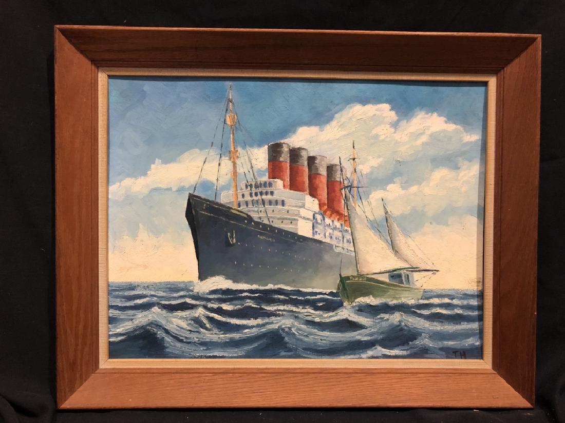 Signed TH Oil on Board Large Ship & Sail Boat (1 of 12)