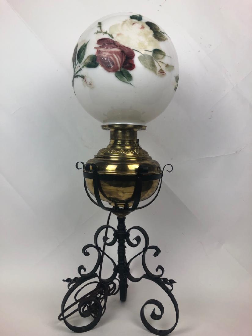 Wrought Iron /Brass Banquet Oil Lamp Painted Shade (1 of 11)