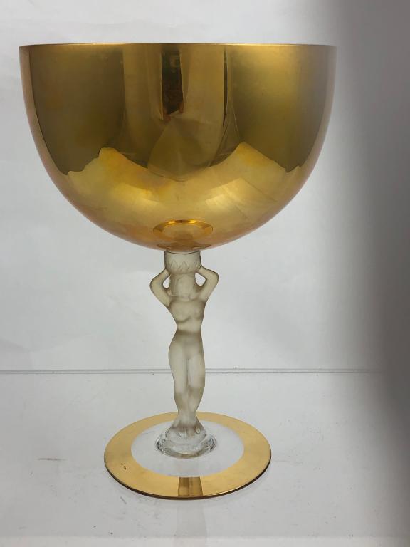 Art Deco Crystal Frosted Nude Gold Chalice: Rare Frosted Nude Chalice Goblet Stem with a gold bowl and base that is clear with gold rim. Frosted nude stem. Vintage Crystal, Bayel France? In Excellent condition. Approx. 8" tall.
